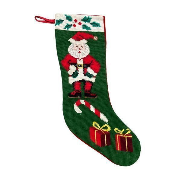 Vintage Hand Knitted Santa Claus Christmas Stocking 17in Green Red Holiday Decor - Picture 3 of 12